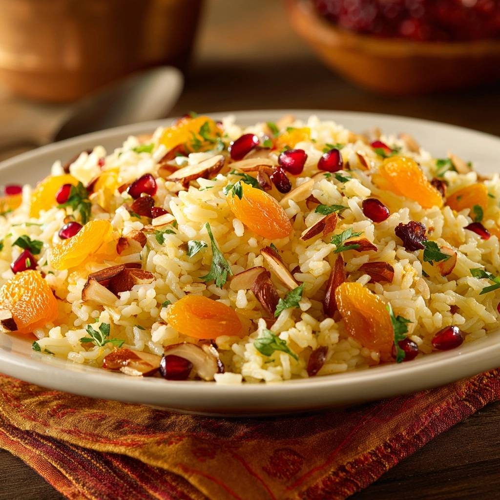 Jeweled apricot rice, a Persian-inspired delight, beautifully presented on a plate with apricots, pomegranate seeds, and almonds.