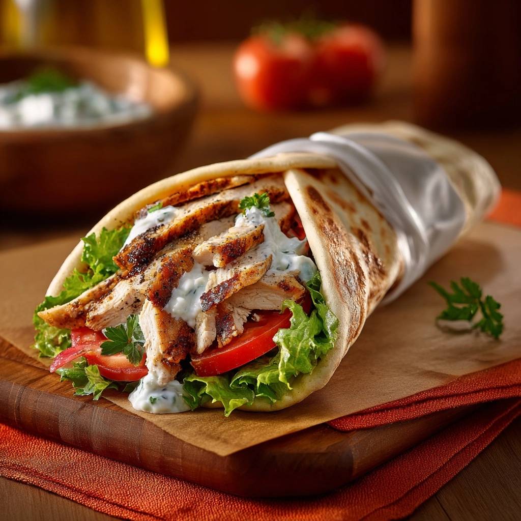 Juicy chicken gyro wraps shown in a close-up view, highlighting the tender chicken, fresh lettuce, and creamy sauce within the wrap.