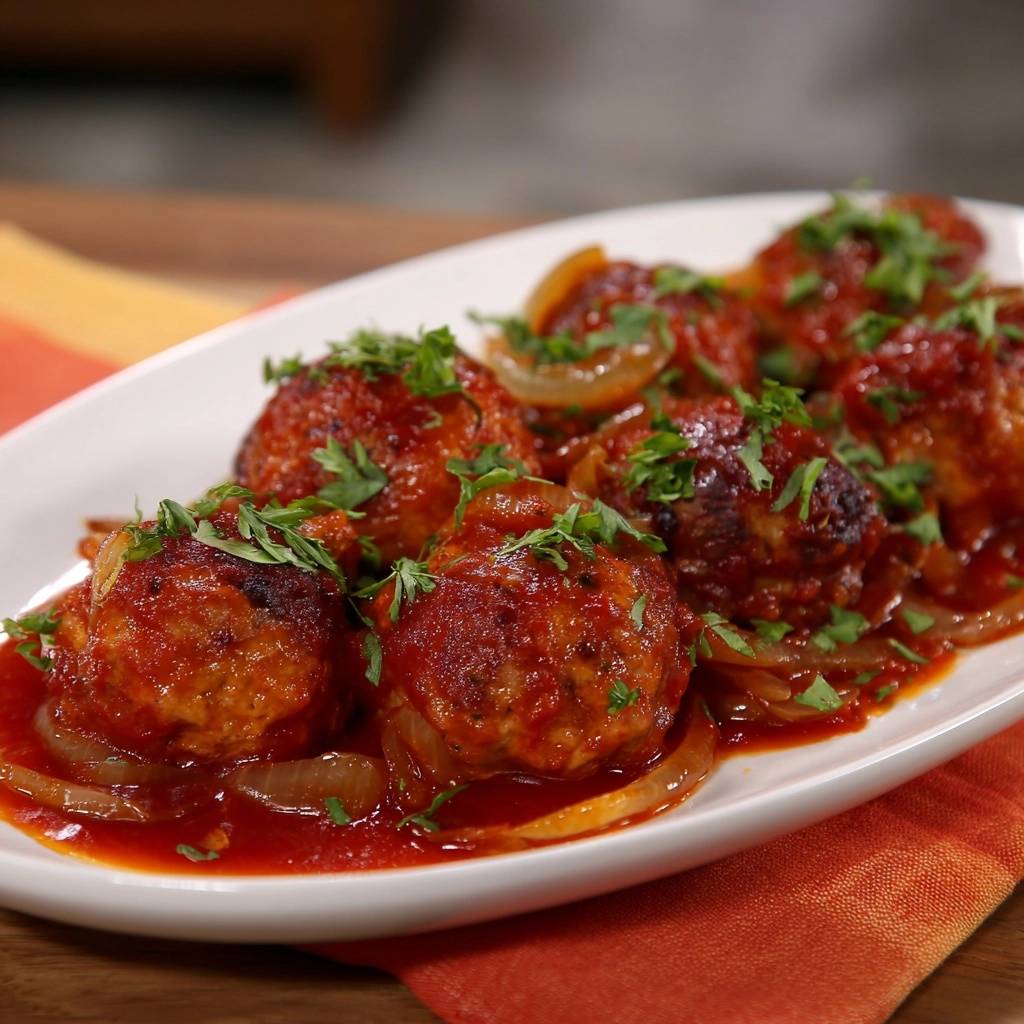 Juicy chicken meatballs in tomato onion sauce, presented closely on a white plate and garnished with fresh parsley.