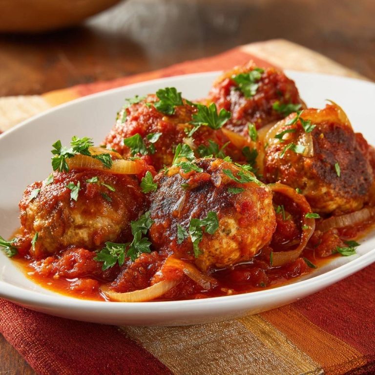 Juicy chicken meatballs in tomato onion sauce plated on a white dish with a side view, garnished with fresh parsley.