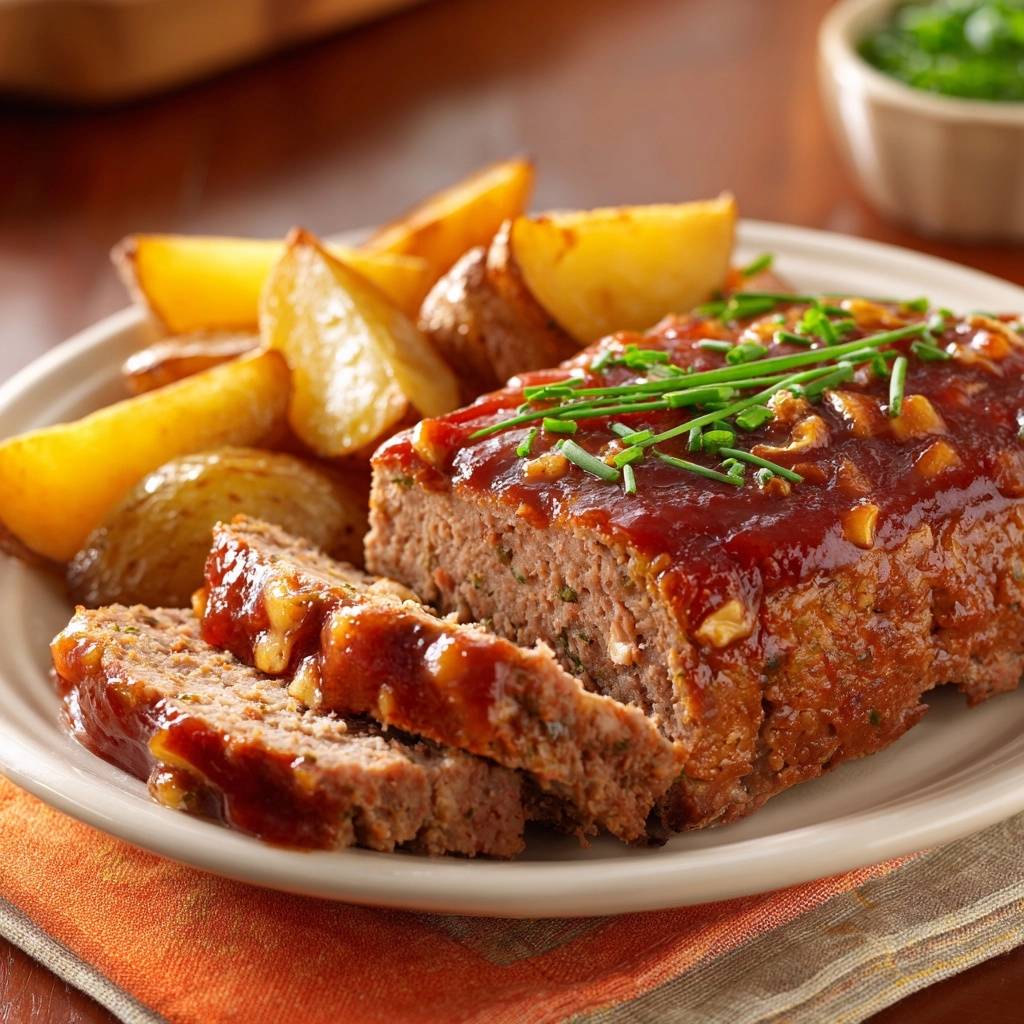 Juicy walnut meatloaf with roasted potato wedges, shown sliced with a close-up view of the glazed texture.