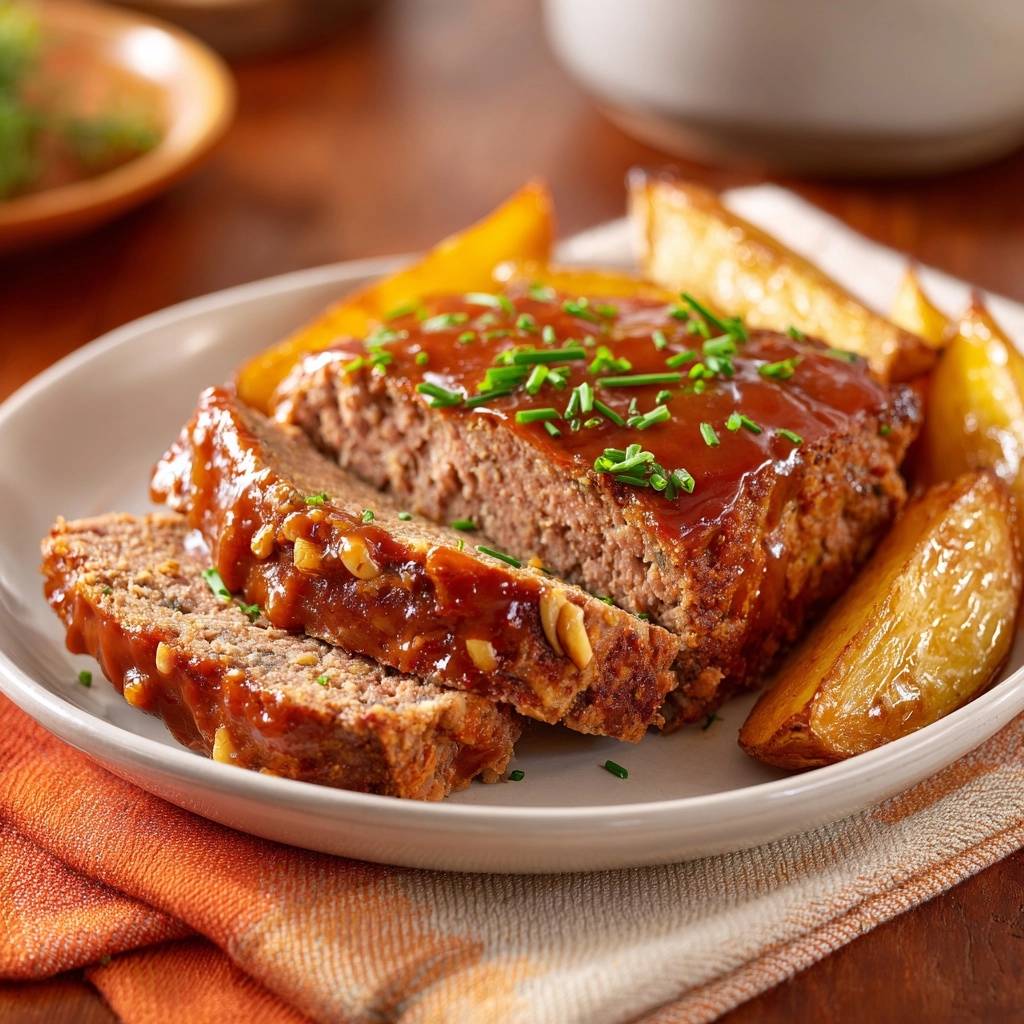 Juicy walnut meatloaf sliced and plated with roasted potato wedges, garnished with chives and a glaze.