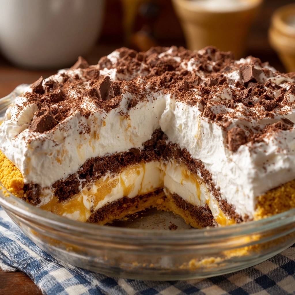 Layered Chocolate Vanilla Dream Pie shown in a cross-section revealing its rich layers of cream and chocolate cookie crust.