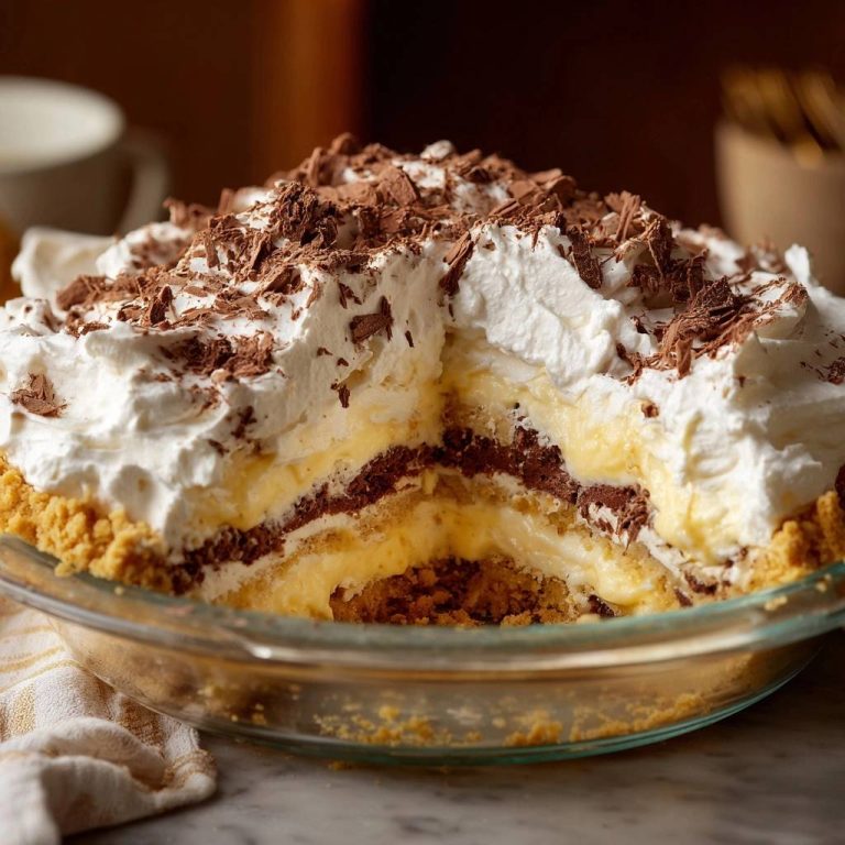 Layered chocolate vanilla dream pie showing a generous cross-section with creamy filling and whipped topping.