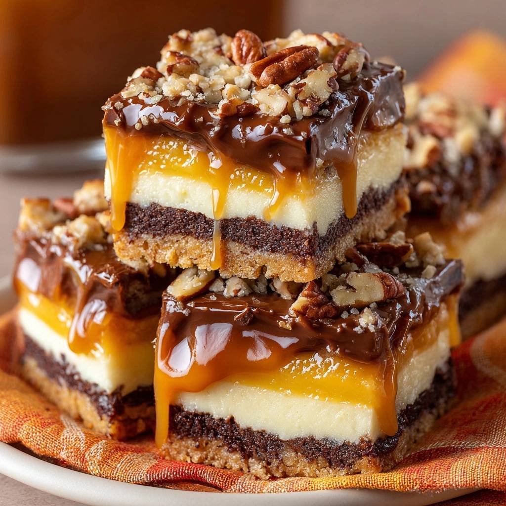 Layered turtle cheesecake bars stacked in a close-up view, showing rich caramel and chocolate drizzles.