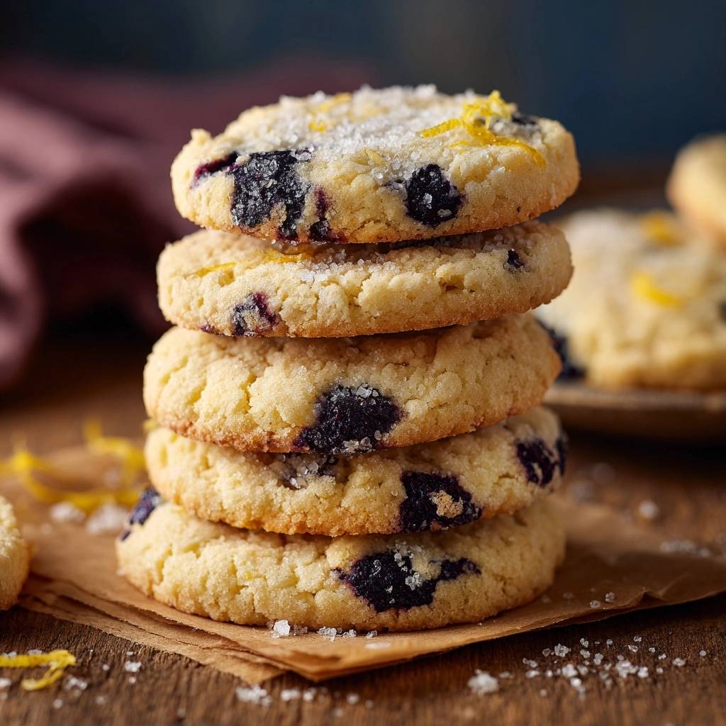 Lemon blueberry cookies with berries suspended, stacked high and sprinkled with sugar in a close-up view.