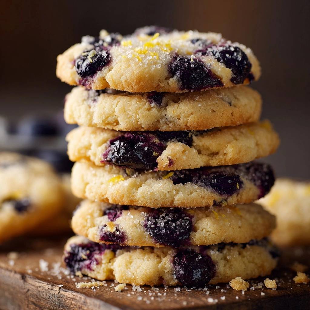 Lemon blueberry cookies with berries suspended, stacked in a close-up view with visible lemon zest and sugar.