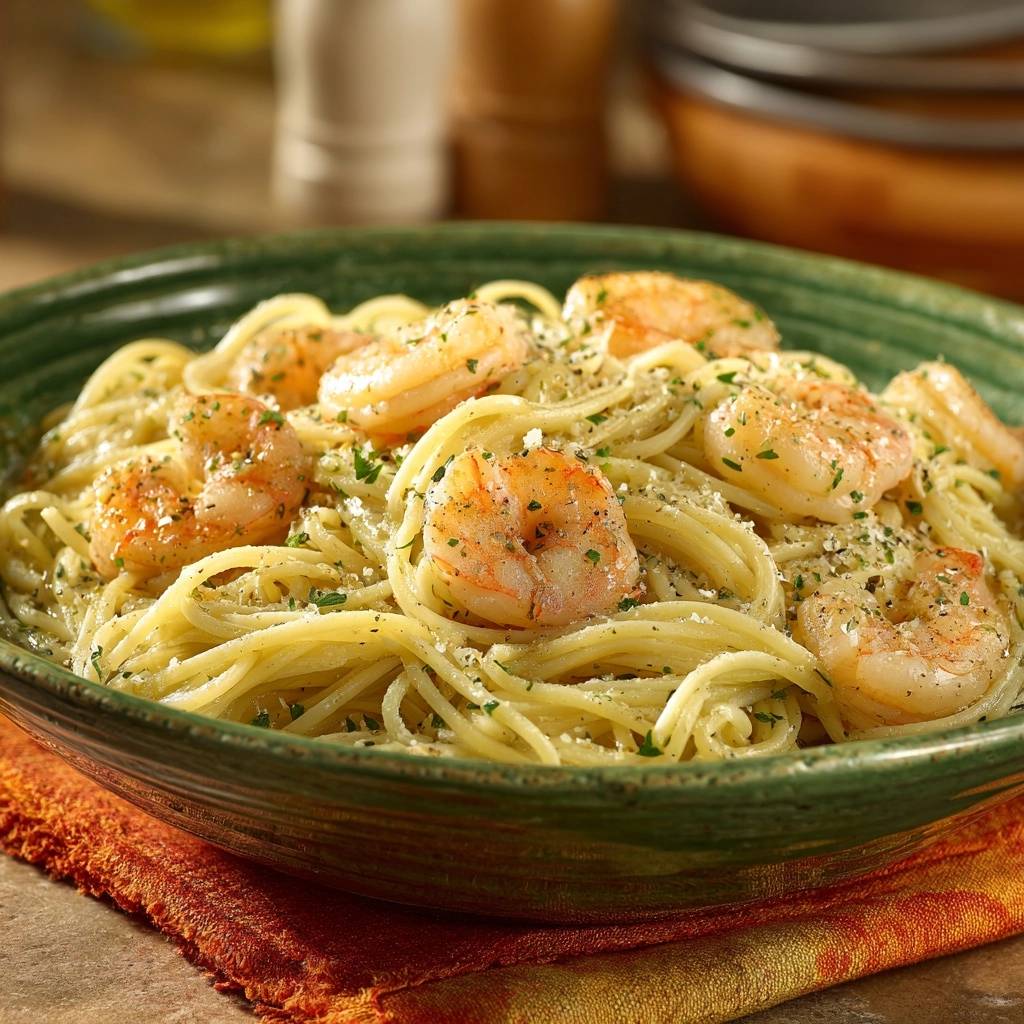 Lemon garlic shrimp pasta with tender, juicy shrimp shown in a close-up bowl view with parsley and cheese.
