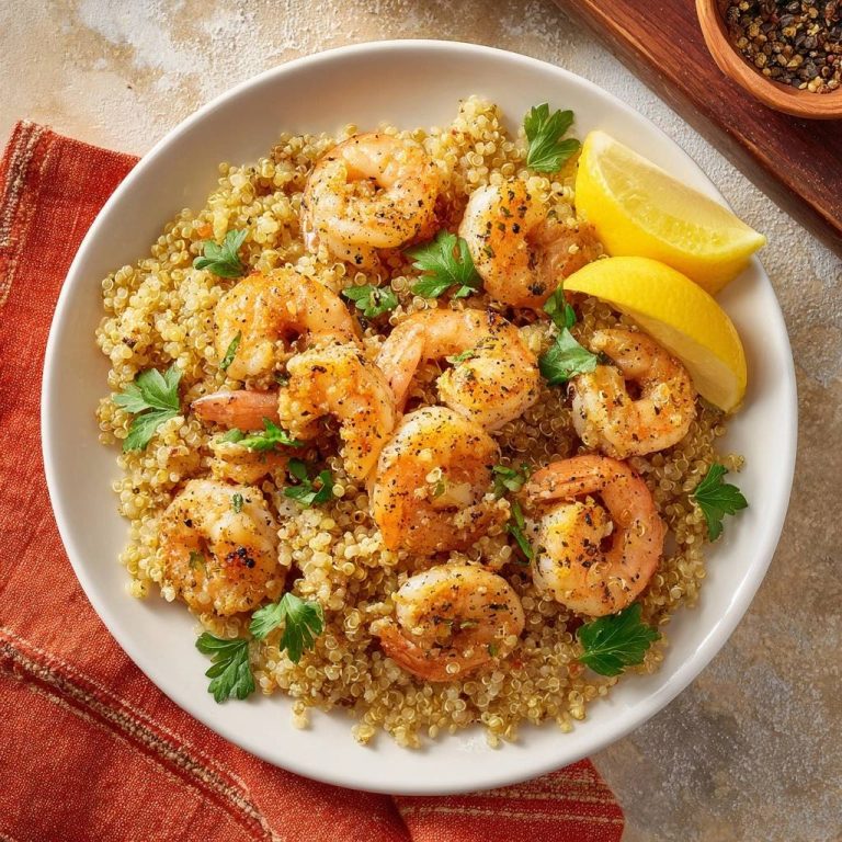 Lemon garlic shrimp and quinoa served in a white bowl, garnished with parsley and lemon wedges, viewed from overhead.