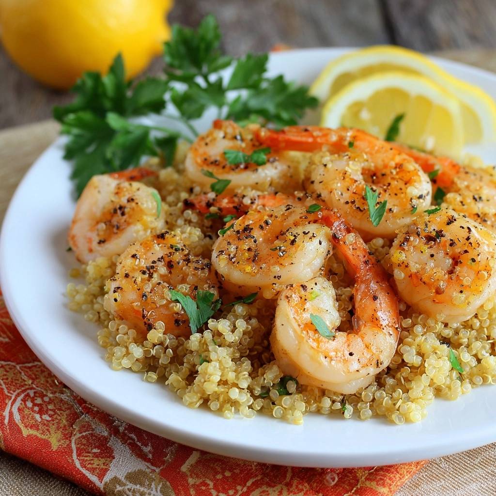 Lemon garlic shrimp and quinoa served on a white plate, with a close-up view of the seasoned shrimp.
