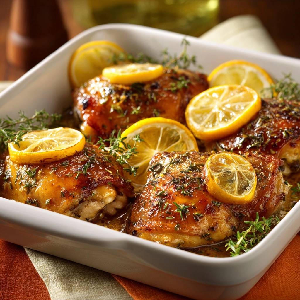 Lemon thyme glazed chicken thighs with fresh lemon slices and thyme sprigs as a close-up garnish.