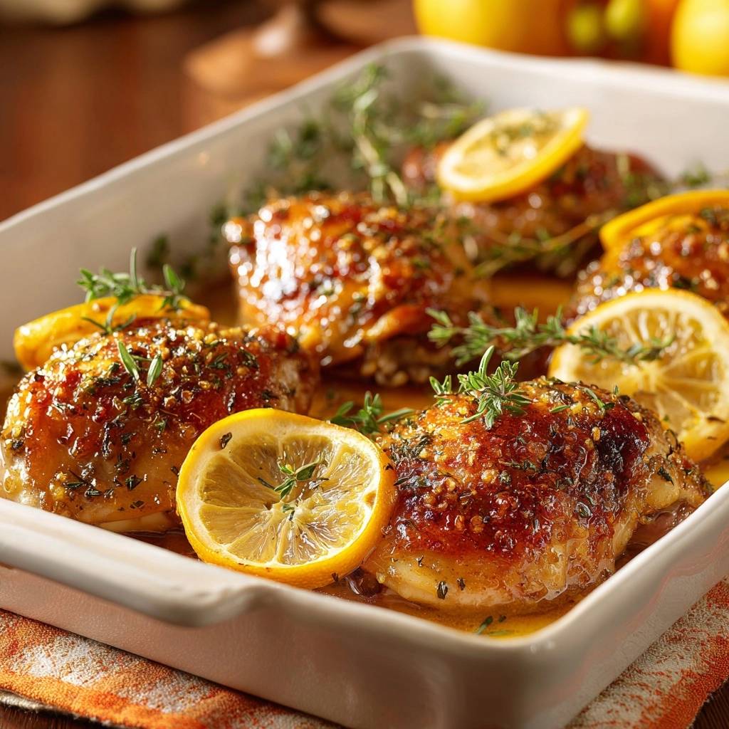 Lemon thyme glazed chicken thighs in a white baking dish, garnished with fresh thyme and lemon slices.
