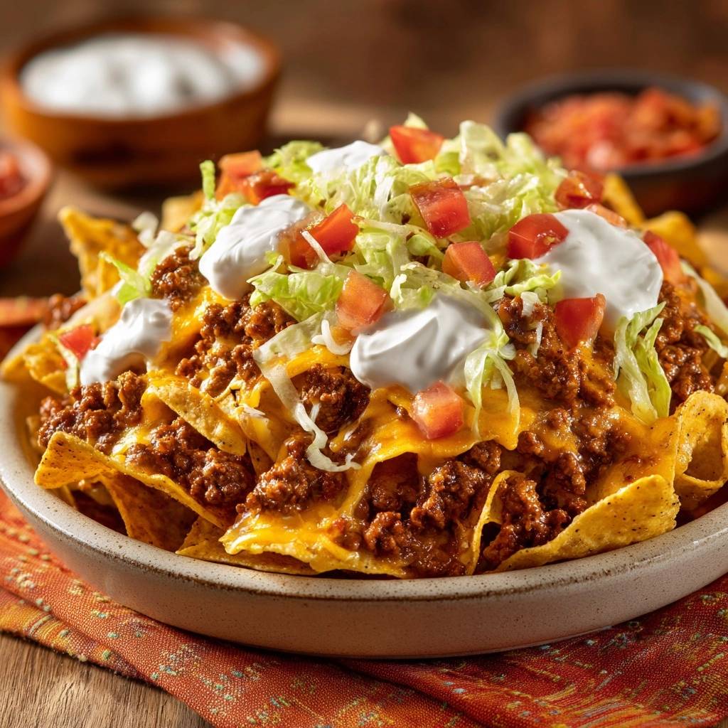 The Architecture of Ultimate Loaded Beef Nachos, a close-up of the generous beef, cheese, lettuce, tomato, and sour cream toppings.