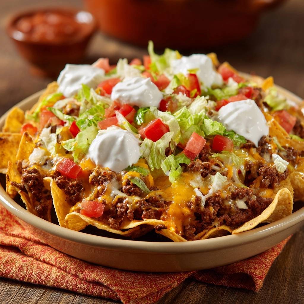 The Architecture of Ultimate Loaded Beef Nachos served in a generous bowl with toppings piled high.