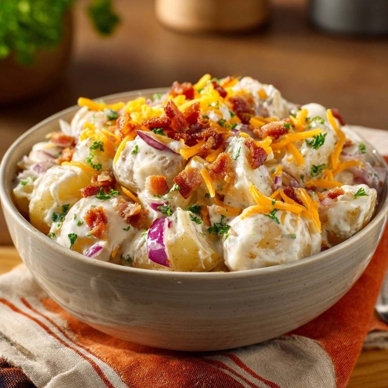 Loaded creamy potato salad in a bowl, topped with shredded cheddar cheese, bacon bits, and fresh parsley.