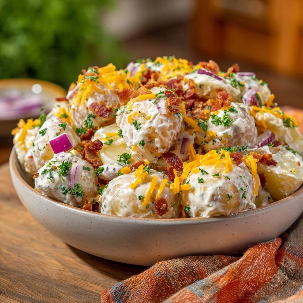 Loaded creamy potato salad served in a bowl, showcasing a generous topping of cheese, bacon, and parsley.