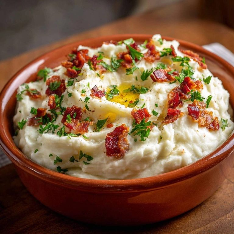 The ultimate loaded garlic mashed potatoes in a bowl, topped with bacon, parsley, and butter.