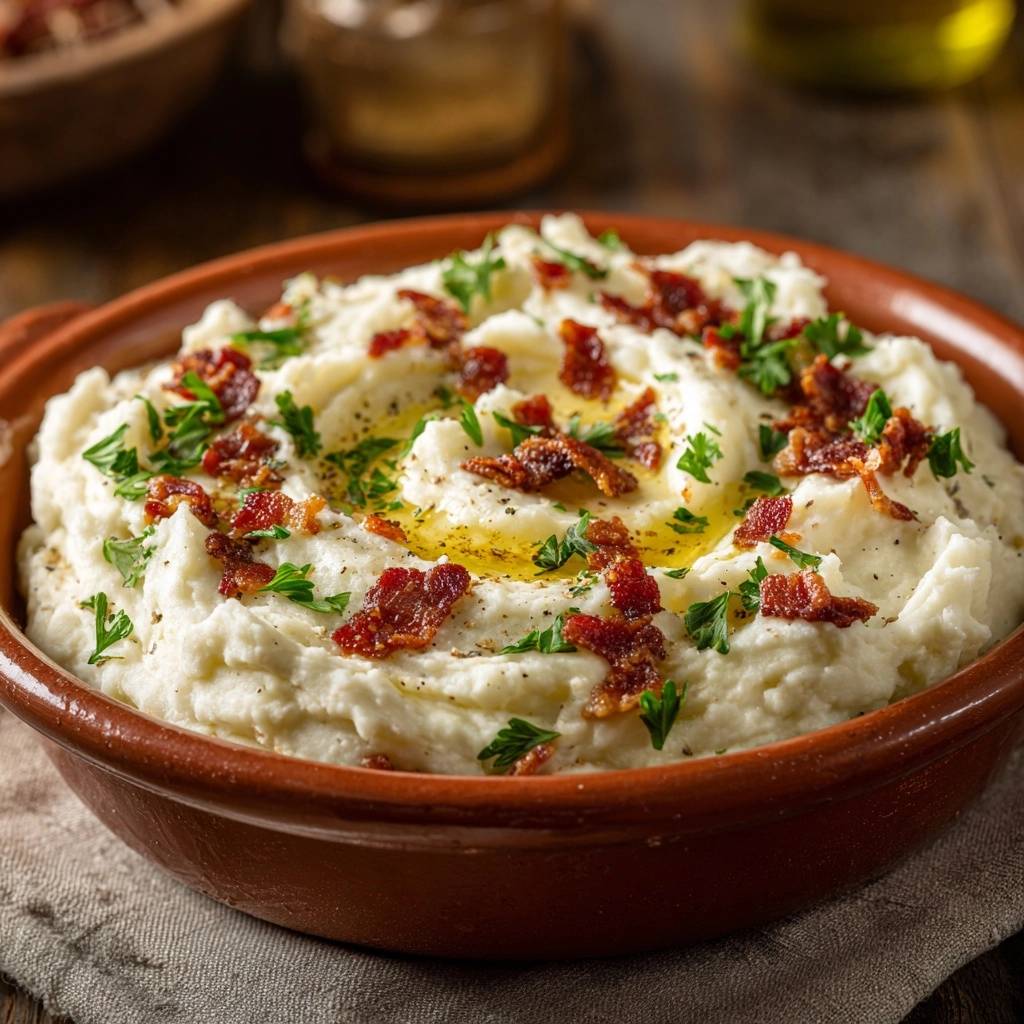 The ultimate loaded garlic mashed potatoes garnished with crispy bacon, fresh parsley, and a drizzle of butter.