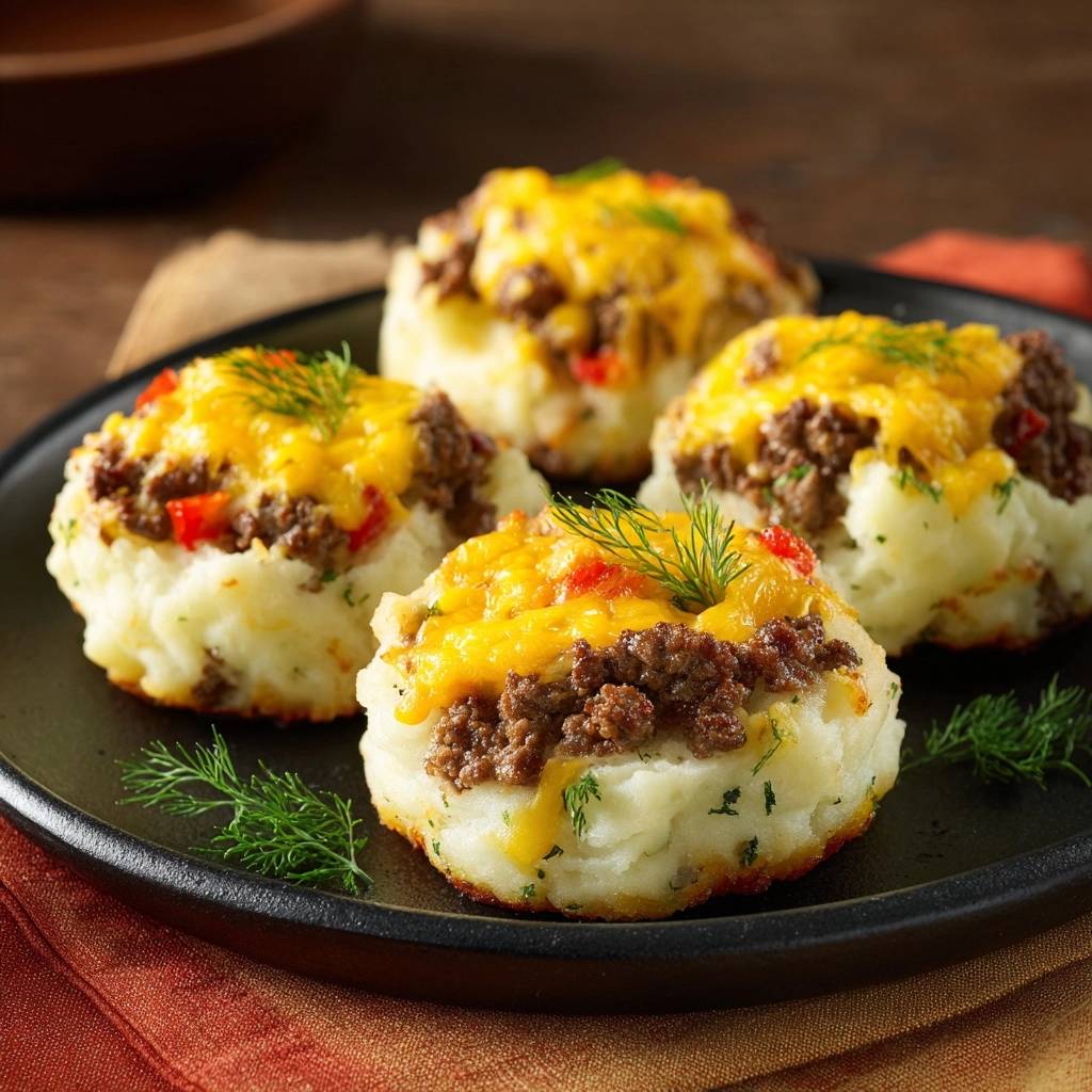 Loaded mashed potato meat cups with melted cheese topping, served four on a black plate with dill garnish.