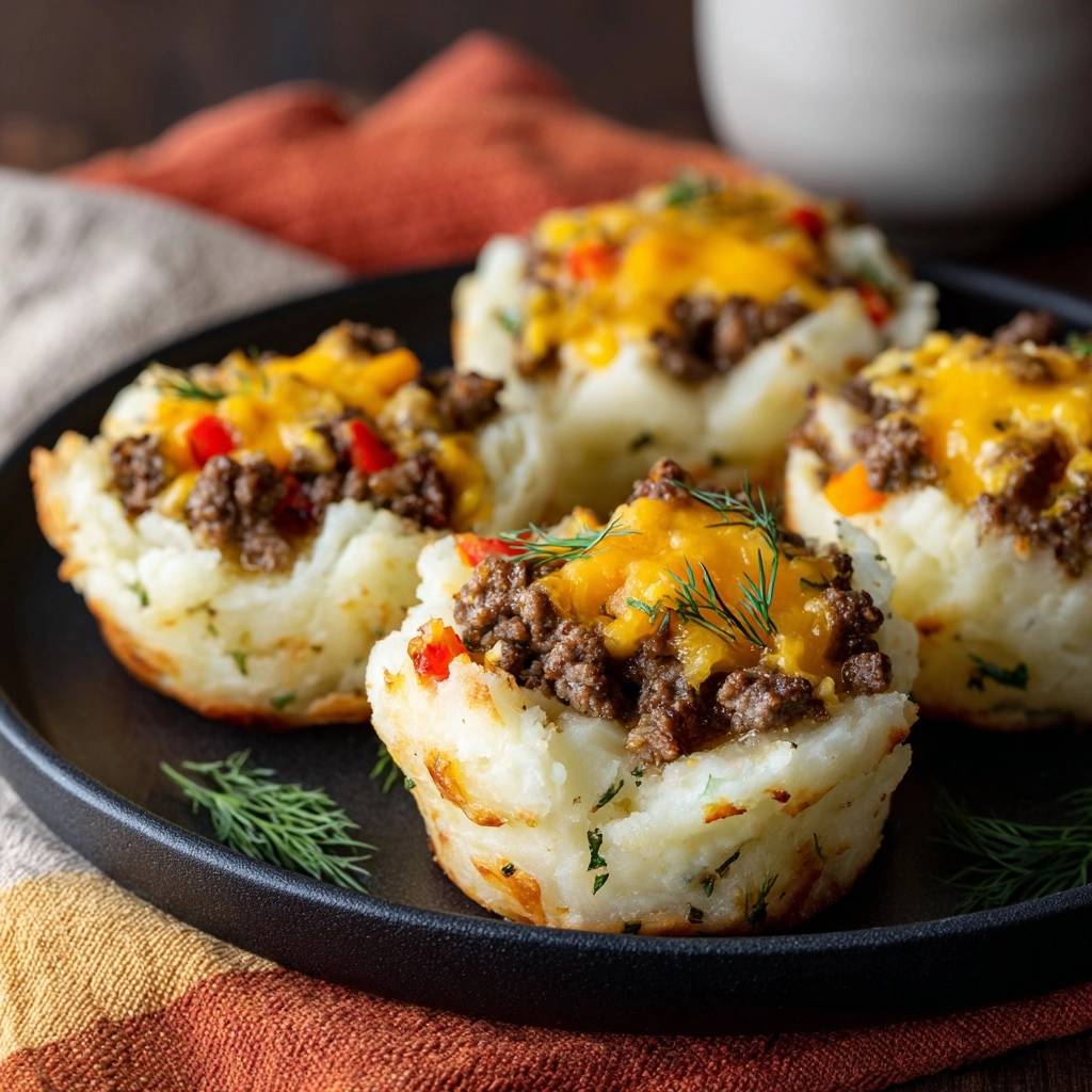 Loaded mashed potato meat cups with a crispy crust, plated closely on a black plate with fresh dill garnish.
