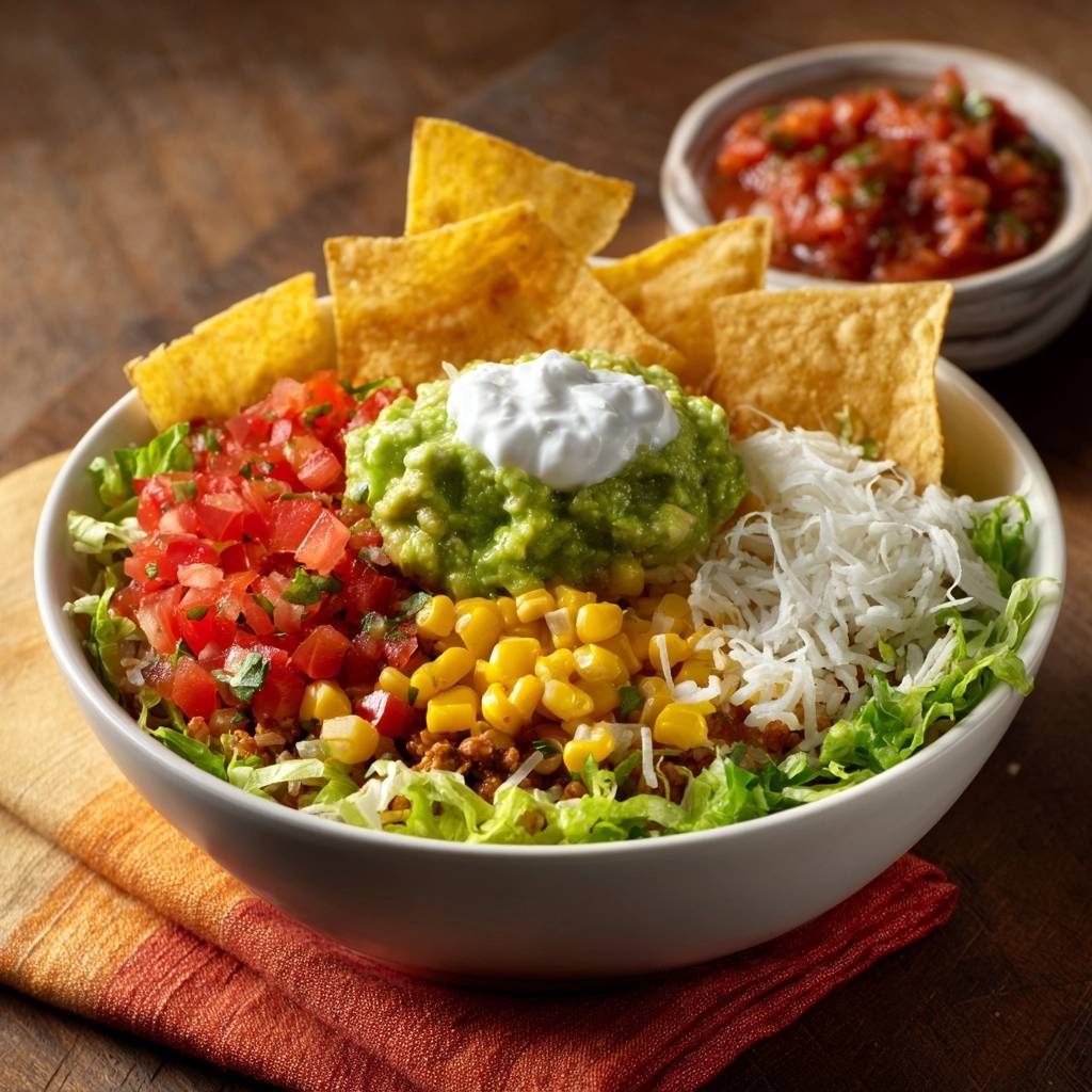 Loaded nacho rice bowl with layers of ingredients including pico de gallo, guacamole, corn, and cheese, served with tortilla chips.