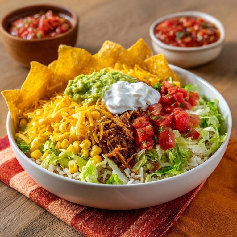 Loaded nacho rice bowl with layers of shredded cheese, corn, guacamole, and sour cream, topped with tortilla chips.