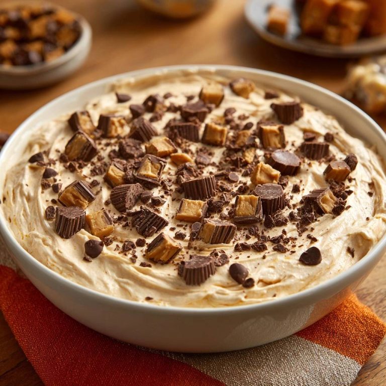 The Ultimate Loaded Peanut Butter Cup Cheesecake Dip topped with chopped Reese's Peanut Butter Cups and chocolate shavings.