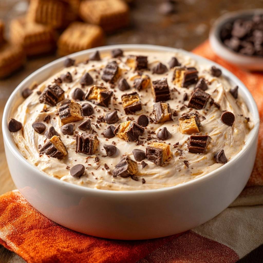 The Ultimate Loaded Peanut Butter Cup Cheesecake Dip topped with chopped peanut butter cups and chocolate chips.