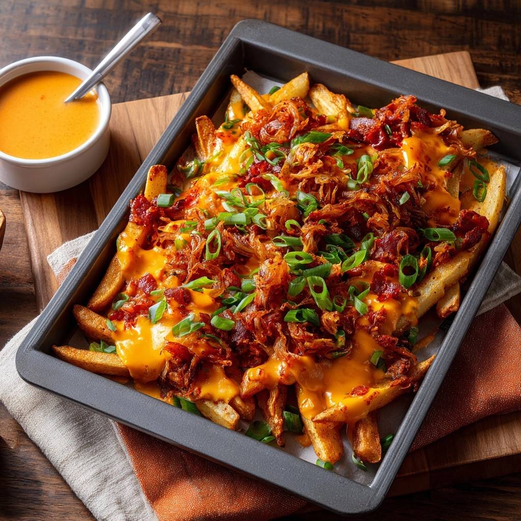 The ultimate loaded sheet pan fries featuring a generous cheesy topping and crispy bacon bits.