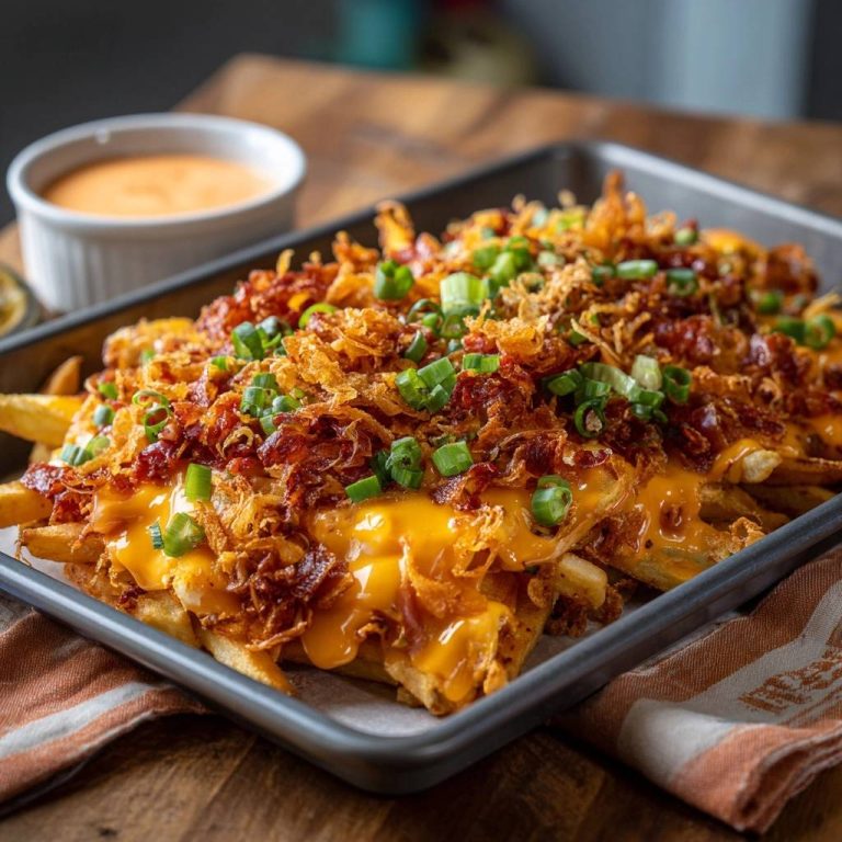 The ultimate loaded sheet pan fries shown in a close-up view, highlighting the generous topping of melted cheese, bacon, and crispy fried onions.