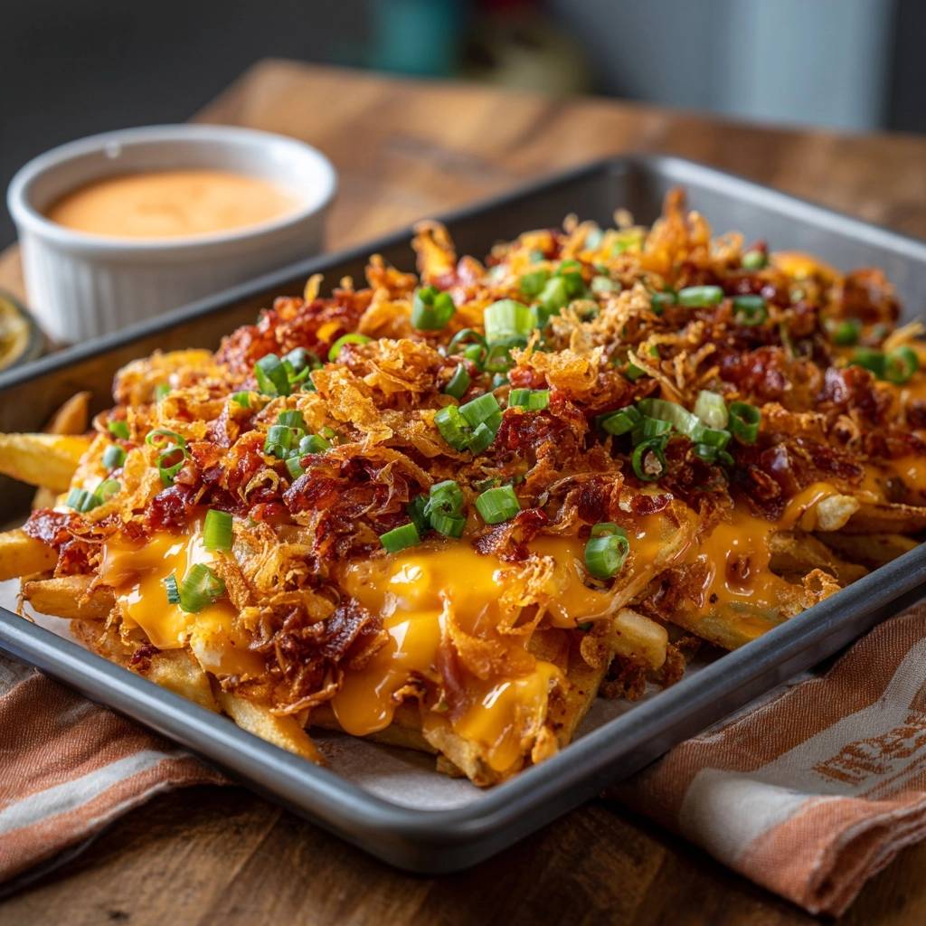 The ultimate loaded sheet pan fries shown in a close-up view, highlighting the generous topping of melted cheese, bacon, and crispy fried onions.