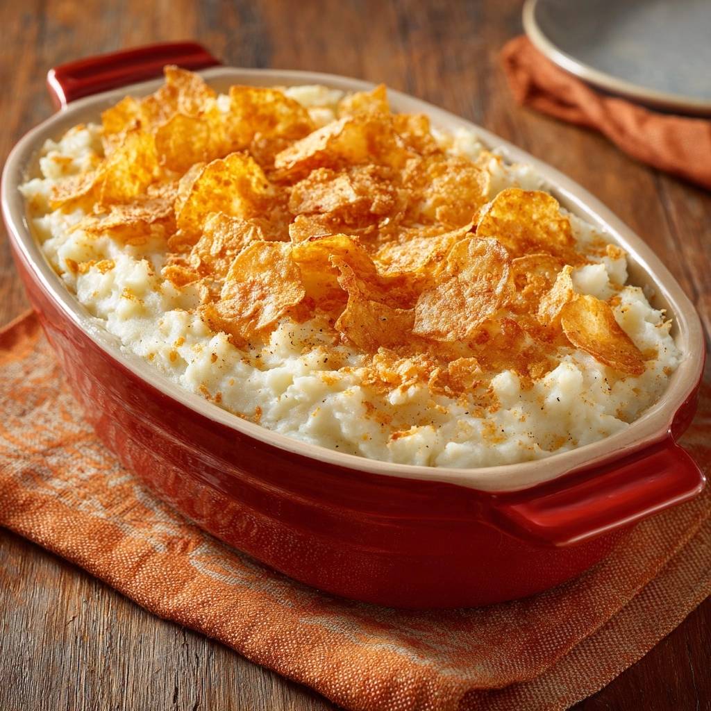 Crunchy chip-topped mashed potato casserole served in a red oval dish, viewed from a side angle showing the texture of the topping.