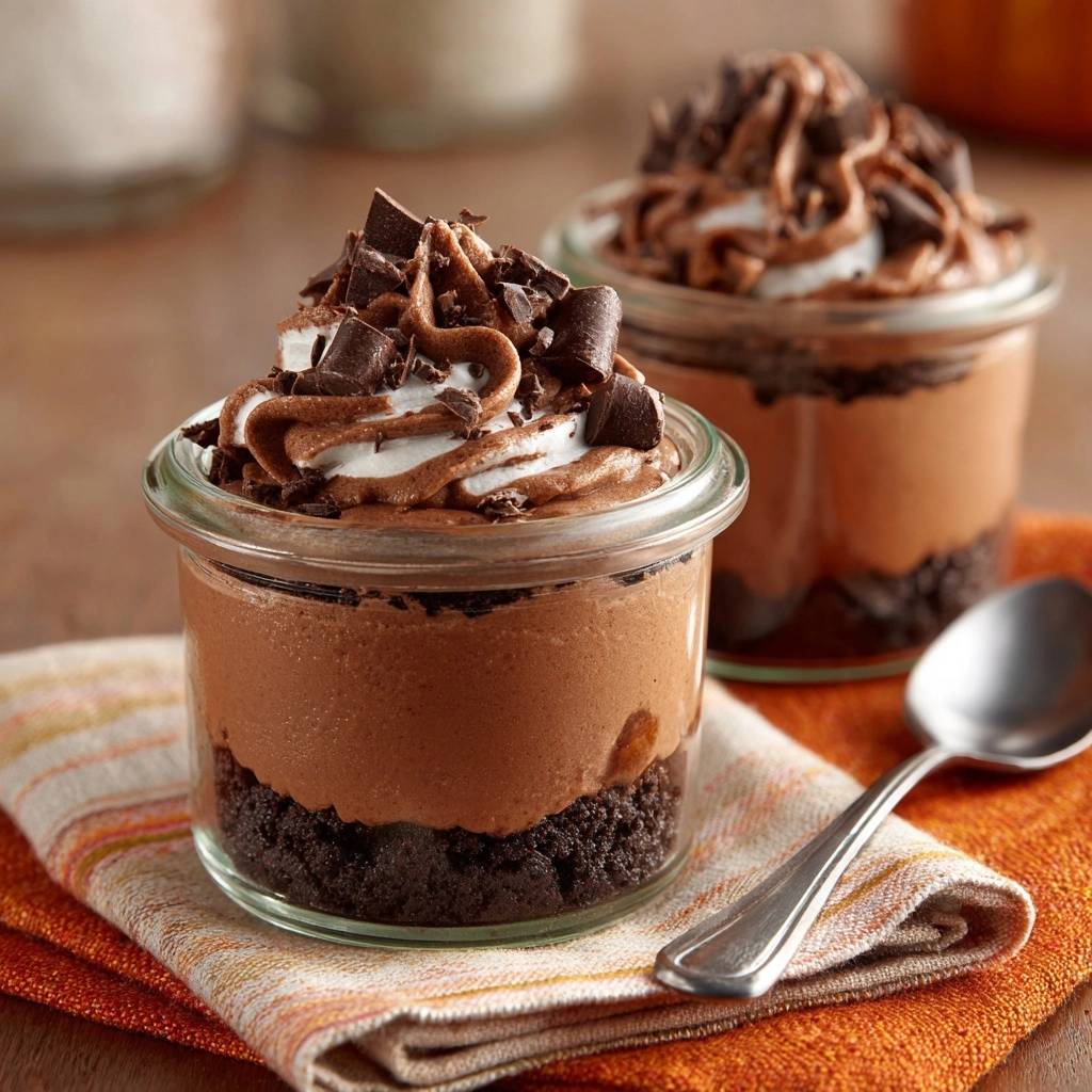 Mason jar chocolate mousse parfaits with crunchy bases, a close-up showing the layers and chocolate shavings on top.