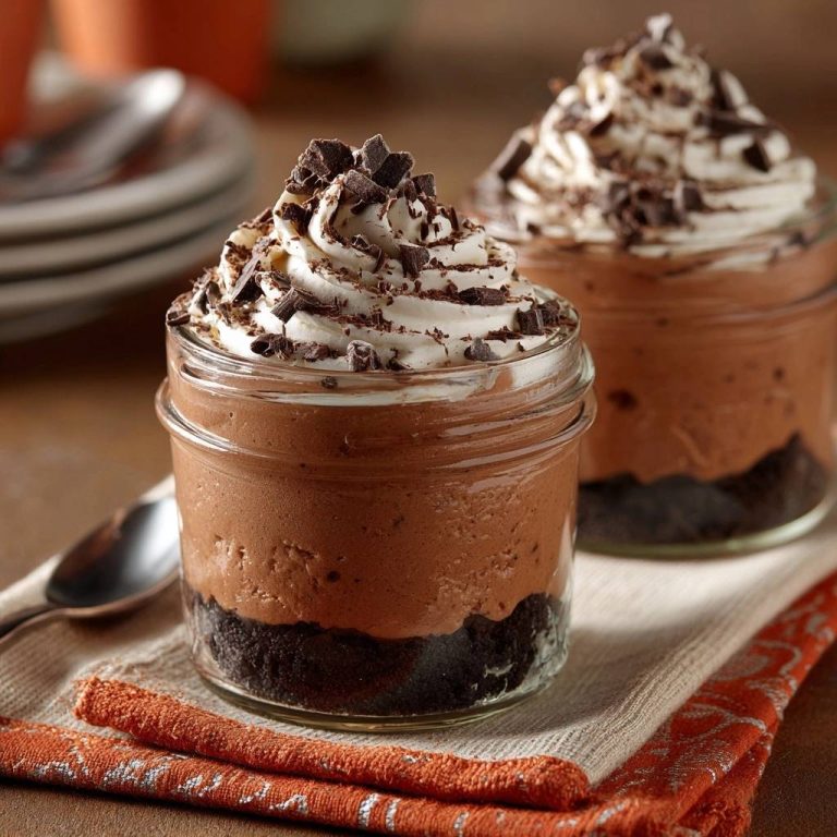 Mason jar chocolate mousse parfaits with crunchy bases, showing a close-up of the creamy mousse topped with whipped cream and chocolate shavings.