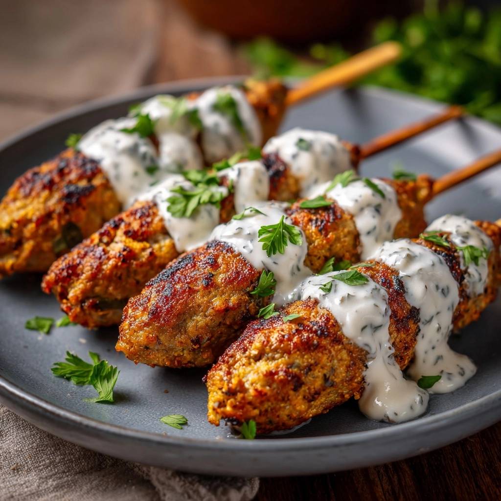Mediterranean ground chicken kofta skewers drizzled with creamy sauce and fresh parsley garnish on a plate.