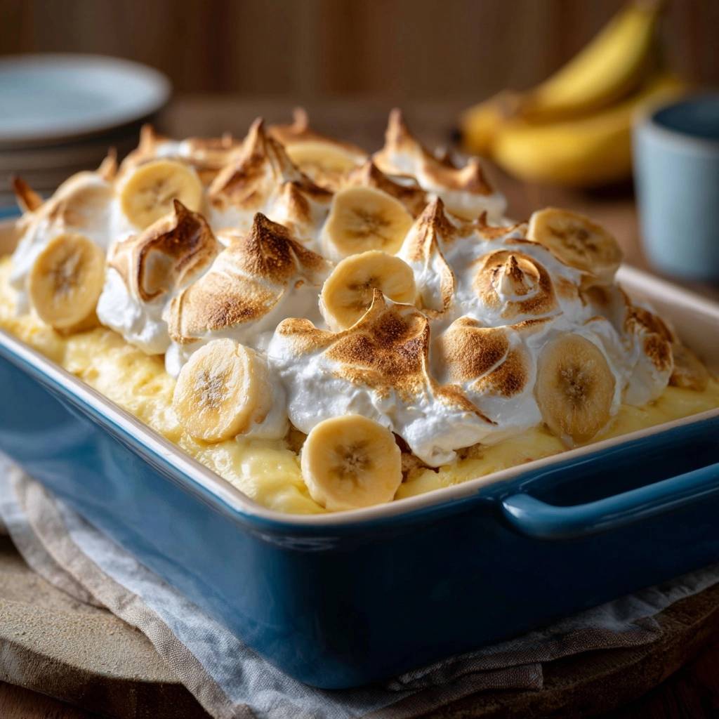The Science of Southern Meringue Banana Pudding with a close-up of the torched meringue topping and banana slices.