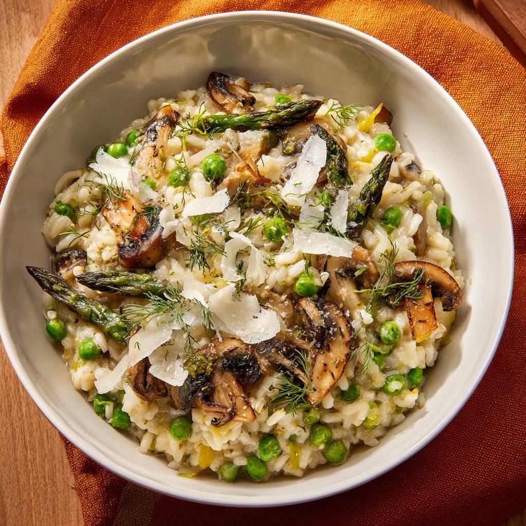 Creamy mushroom asparagus pea risotto topped with shaved parmesan and fresh dill garnish.