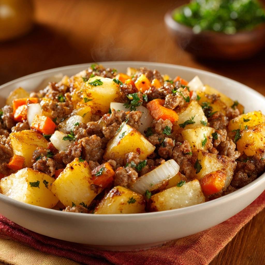 One-pan beef potato hash served in a white bowl, showcasing tender ground beef and golden potatoes with visible steam.
