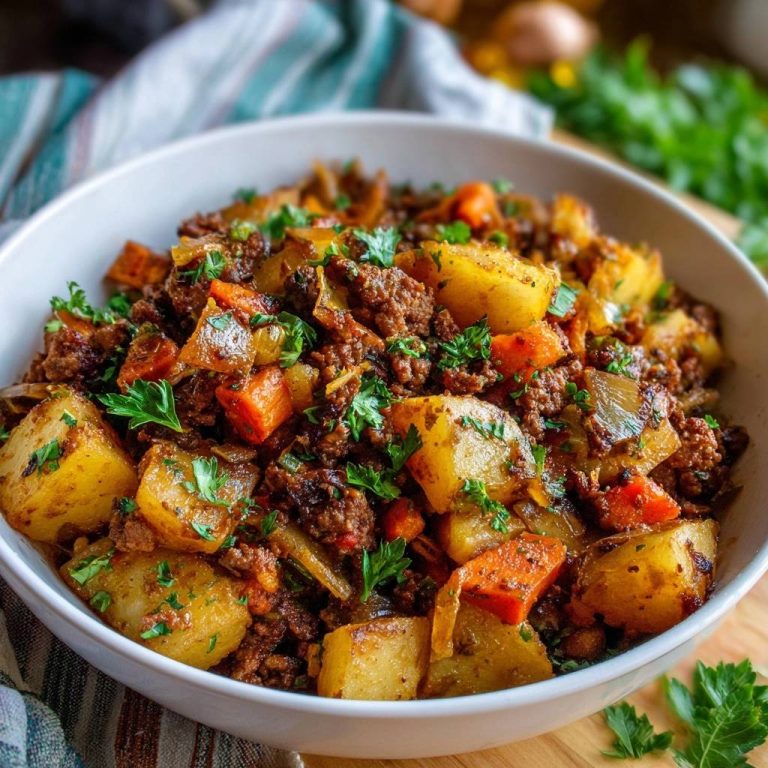 One-pan beef potato hash served in a white bowl, showing a close-up view of the hearty ingredients and fresh parsley garnish.