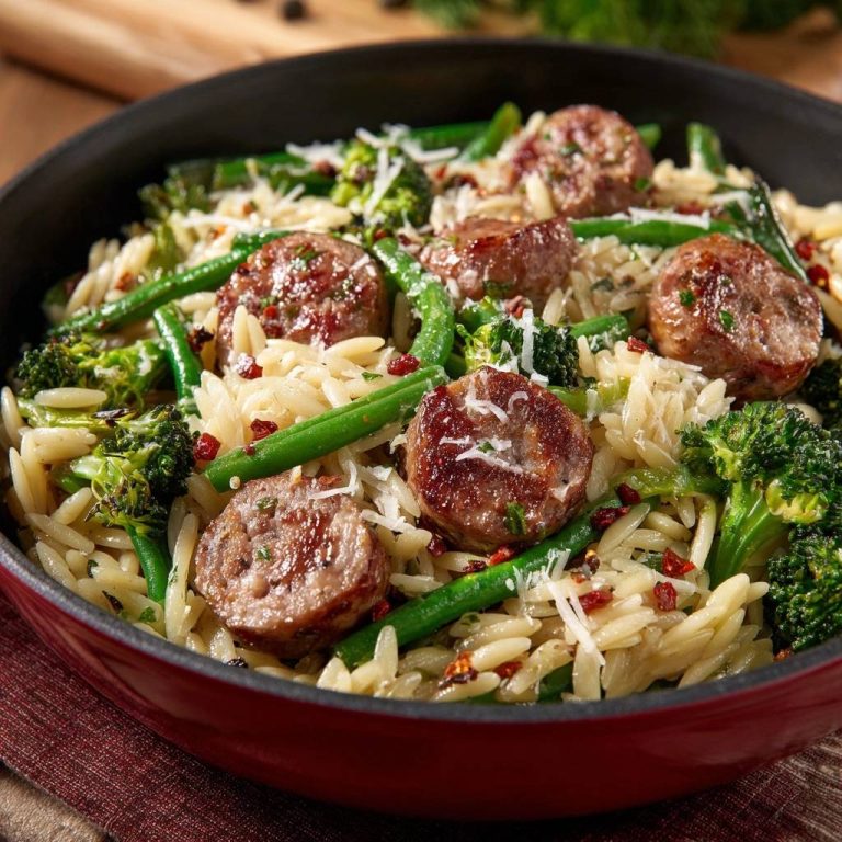 One-pan sausage broccoli green bean orzo served in a skillet with a close-up view of the ingredients.