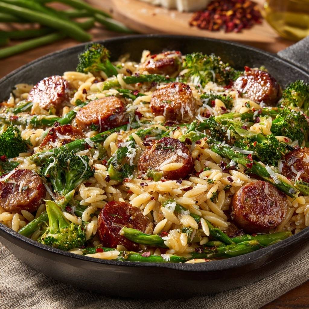 One-pan sausage broccoli green bean orzo served in a black cast iron skillet, showcasing the rustic presentation.