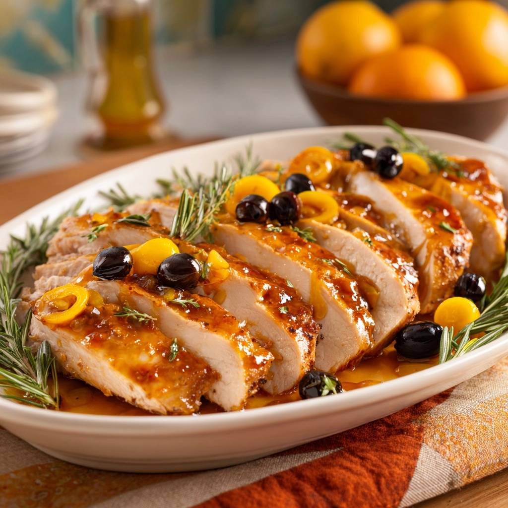 Orange rosemary glazed turkey breast, sliced and garnished with olives and citrus slices on a platter.