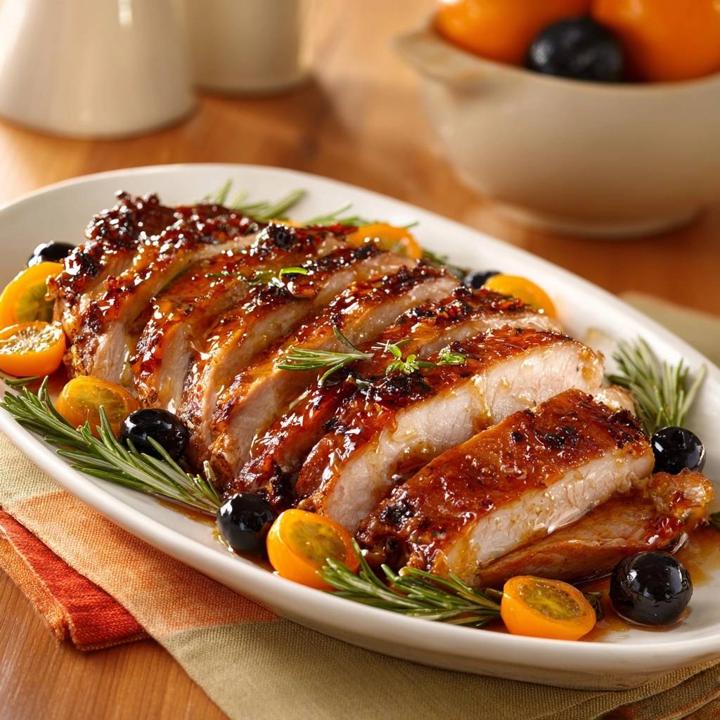 Orange rosemary glazed turkey breast sliced and garnished with kumquats and olives on a platter.