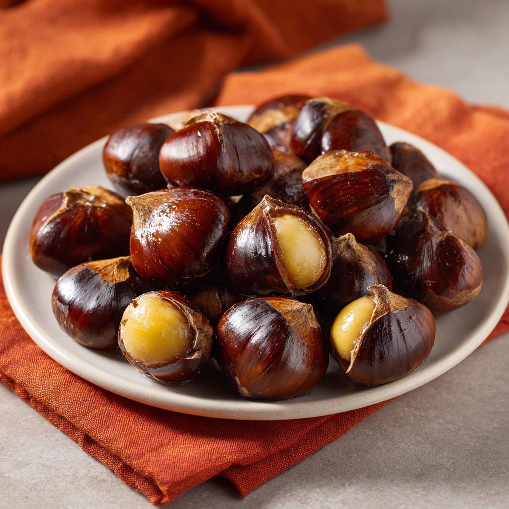 Oven-roasted chestnuts served on a plate, with several split open to reveal their soft interior.