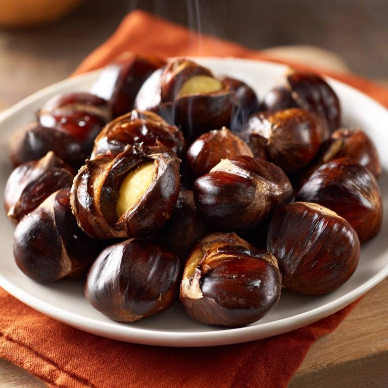 Oven-roasted chestnuts piled on a white plate, with visible steam rising from the freshly baked nuts.