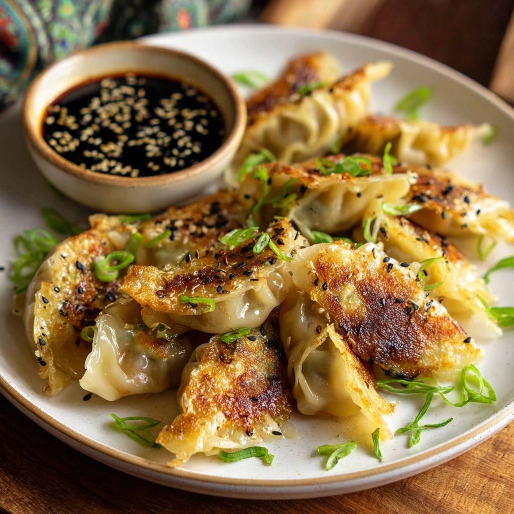 Crispy pan-fried scallion dumplings plated and garnished with chopped green onions and sesame seeds, served with soy dipping sauce.
