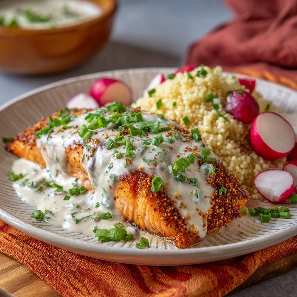 Pan-seared salmon with herb cream, plated with couscous, radishes, and a creamy herb sauce.