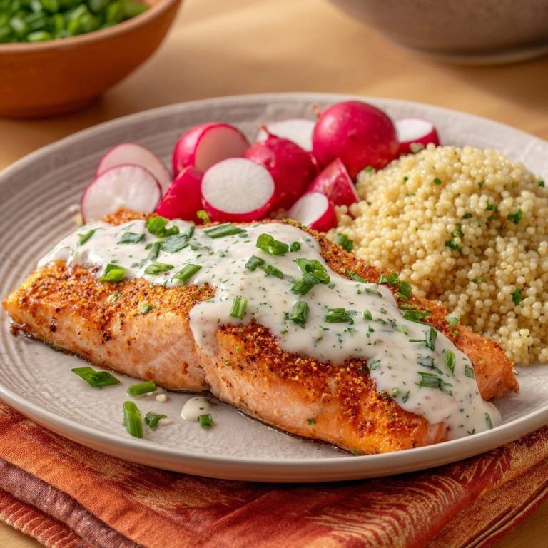 Pan-seared salmon with herb cream served on a plate with couscous and radishes, featuring a creamy sauce drizzle.