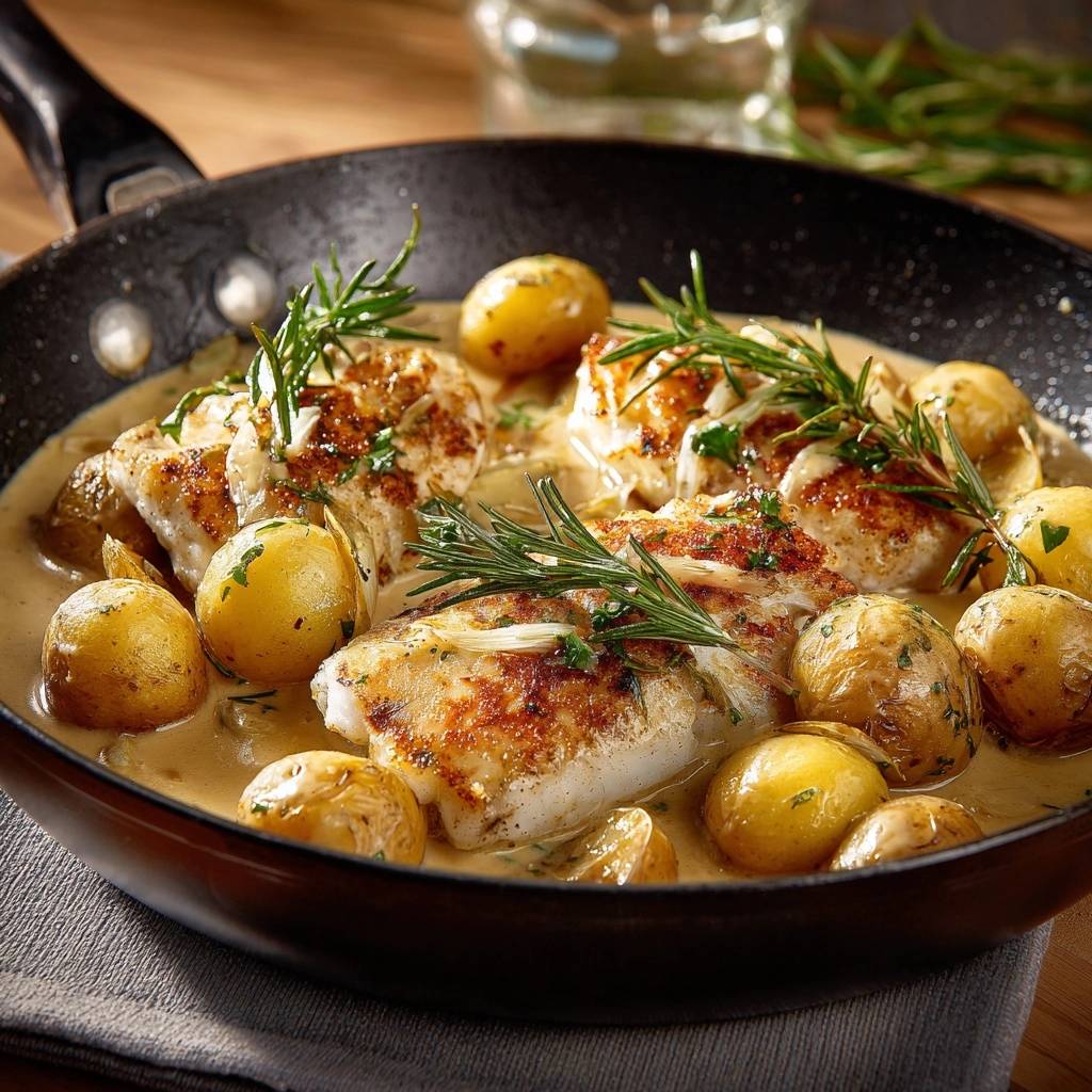 Pan-seared white fish and roasted potatoes served in a creamy sauce in a cast iron skillet with rosemary garnish.