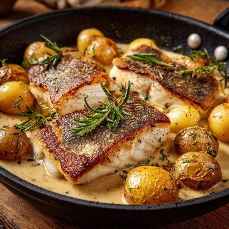 Pan-seared white fish and roasted potatoes in a skillet, presented with a close-up view of the golden-brown fish skin and creamy sauce.